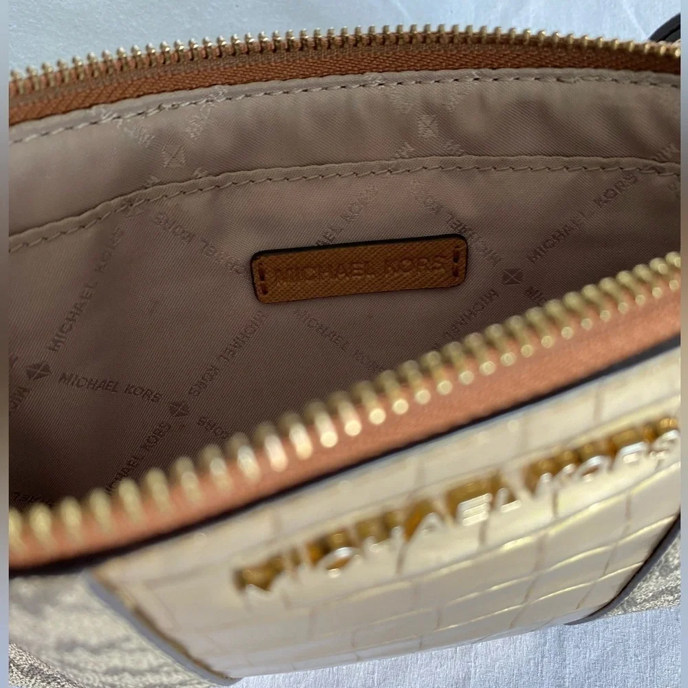 Michael Kors Beige/Gold Croc Embossed Leather and MK Canvas Wristlet Clutch. 10” - Picture 7 of 15